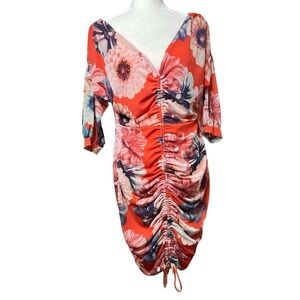 Lilian Floral Ruched Dress Woman’s Size 1X Deep V Neck Bold